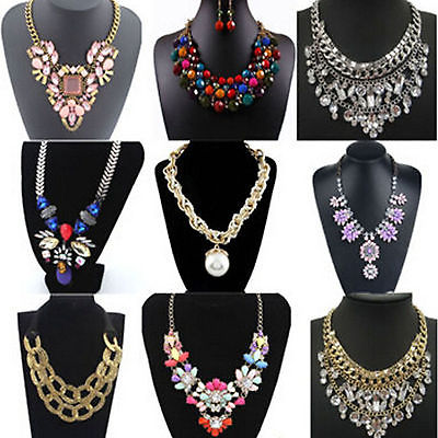 Women Fashion Jewelry Chain Pendant Crystal Chunky Statement Choker Bib Necklace 